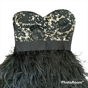 Bebe lace and feathered mini dress in black  SIZE XXS